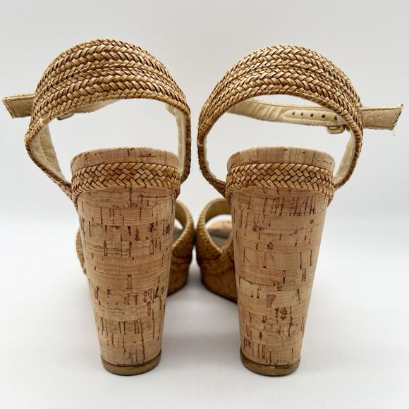 Stuart Weitzman Minx Tan Woven Leather Ankle Strap Cork Wedge Sandals Women’s 7 - Picture 10 of 16